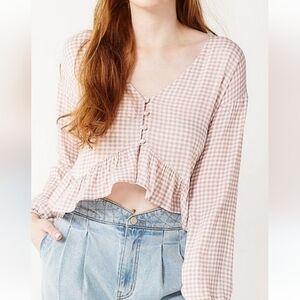 So light pink white checkered button down top